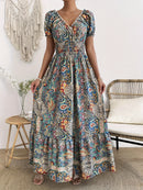 the VINTAGE PAISLEY BOHO - Plus Size Paisley Print Off Shoulder Dress, Elegant V-Neck Short Sleeve Dress for Spring & Summer, Women's Plus Size Clothing