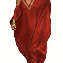 the KAFTAN BOHO - Plus Size Maroon V-Neck Kaftan Dress with Cold Shoulder Batwing Sleeves - Casual & Elegant Beach Cover-Up, Detail, Mid-Length for Women, Beach Dress