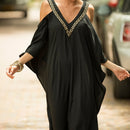 the KAFTAN BOHO - Plus Size Maroon V-Neck Kaftan Dress with Cold Shoulder Batwing Sleeves - Casual & Elegant Beach Cover-Up, Detail, Mid-Length for Women, Beach Dress