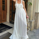 the WHITE WHISPER - Women's Summer Boho Dress, Square Neck Strapped A-Line Maxi Sundress Solid Color Ruffle Beach Long Dresses