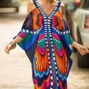 the KAFTAN BOHO - Plus Size Maroon V-Neck Kaftan Dress with Cold Shoulder Batwing Sleeves - Casual & Elegant Beach Cover-Up, Detail, Mid-Length for Women, Beach Dress