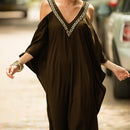 the KAFTAN BOHO - Plus Size Maroon V-Neck Kaftan Dress with Cold Shoulder Batwing Sleeves - Casual & Elegant Beach Cover-Up, Detail, Mid-Length for Women, Beach Dress