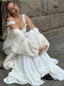 the WHITE WHISPER - Women's Summer Boho Dress, Square Neck Strapped A-Line Maxi Sundress Solid Color Ruffle Beach Long Dresses