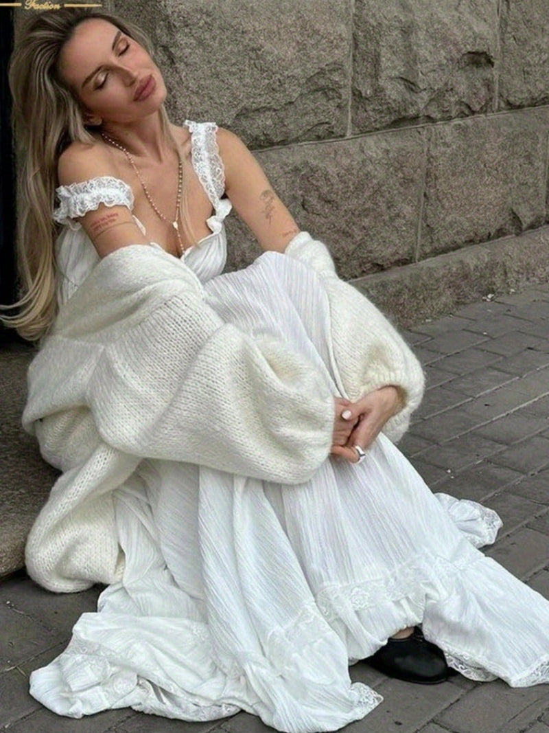 the WHITE WHISPER - Women's Summer Boho Dress, Square Neck Strapped A-Line Maxi Sundress Solid Color Ruffle Beach Long Dresses