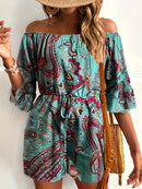 the PAISLEY ROMPER - Paisley Print Off Shoulder Romper Jumpsuit, Vacation Bell Sleeve Cinched Waist Romper Jumpsuit, Women's Clothing