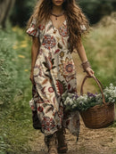 the BROWN PRAIRIE BOHO - Casual V-Neck Short Sleeve Polyester Long Dress, Elegant, All-Over Plants Print, No Pockets Dress for Vacation, Outdoor Wear