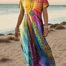 the PATCHWORK SUN BOHO - Women's Vibrant Rainbow Print Maxi Dress - Sleeveless, V-Neck, Flowy Summer Dress for Beach and Vacation, Beach Vacation Attire | Vibrant Print Dress | Flowy Fabric