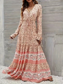 the APRICOT BOHO - Women's Floral V-Neck Maxi Dress - Long Sleeve, Tiered Ruffle Hem, Drawstring Detail, Machine Washable - Perfect for All Seasons