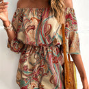 the PAISLEY ROMPER - Paisley Print Off Shoulder Romper Jumpsuit, Vacation Bell Sleeve Cinched Waist Romper Jumpsuit, Women's Clothing