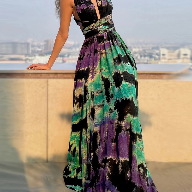 the TIE-DYE TIE-UP BOHO - Tie Dye Print Crisscross Lace Up Maxi Dress, Elegant Sleeveless Tank Dress for Spring & Summer, Women's Clothing