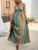 the STRIPED SUMMER - Vacation Style V-Neck Maxi Dress, Polyester Floral and Striped Print, Sleeveless Summer Waist Fitted Long Dress with Cross Hem