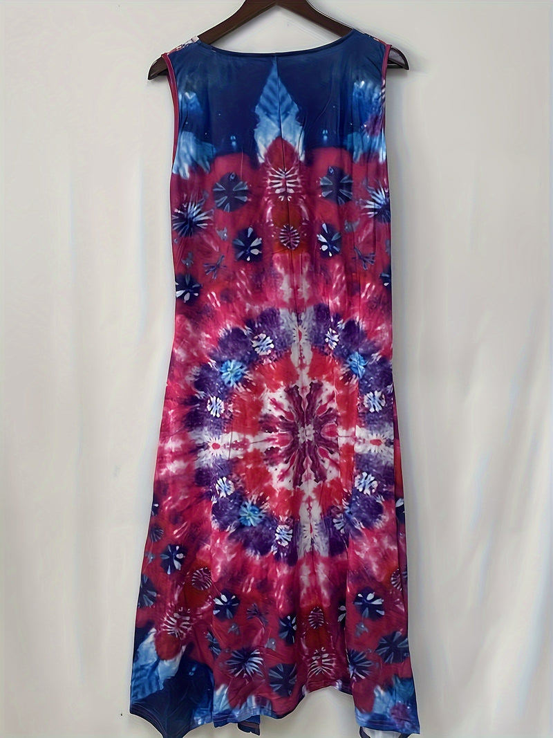the HAPPY HIPPIE BOHO - Boho Abstract Print Tank Dress, Vintage Sleeveless Dress for Spring & Summer
