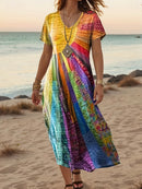 the PATCHWORK SUN BOHO - Women's Vibrant Rainbow Print Maxi Dress - Sleeveless, V-Neck, Flowy Summer Dress for Beach and Vacation, Beach Vacation Attire | Vibrant Print Dress | Flowy Fabric