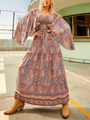 the ANGELIC COWGIRL - Paisley Print V-Neck Dress, Casual Long Sleeve Dress for Spring/Fall