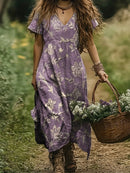 the LAVENDER FIELDS - Bohemian Folk Digital Print Short-Sleeve Linen Dress