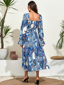 the PAISLEY PARADISE - Paisley Print Square Neck Dress, Elegant Long Sleeve Split Hem Slim Dress For Spring & Fall, Women's Clothing