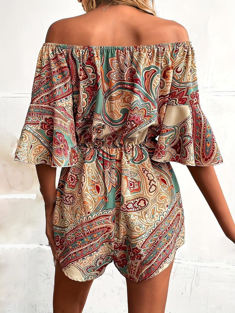 the PAISLEY ROMPER - Paisley Print Off Shoulder Romper Jumpsuit, Vacation Bell Sleeve Cinched Waist Romper Jumpsuit, Women's Clothing