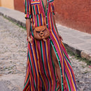 the CARNIVALE BOHO - Women's Striped Shirt-Style Collar Half Sleeve Comfortable Bohemian Maxi Dress