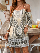 the ELEGANT BAROQUE BOHO - Women's Off-Shoulder Bohemian Print Dress - Black and White Geometric Pattern, Sleeveless, Perfect for Beach and Casual Attire, Beach Attire | Bohemian Style | Strapless Design