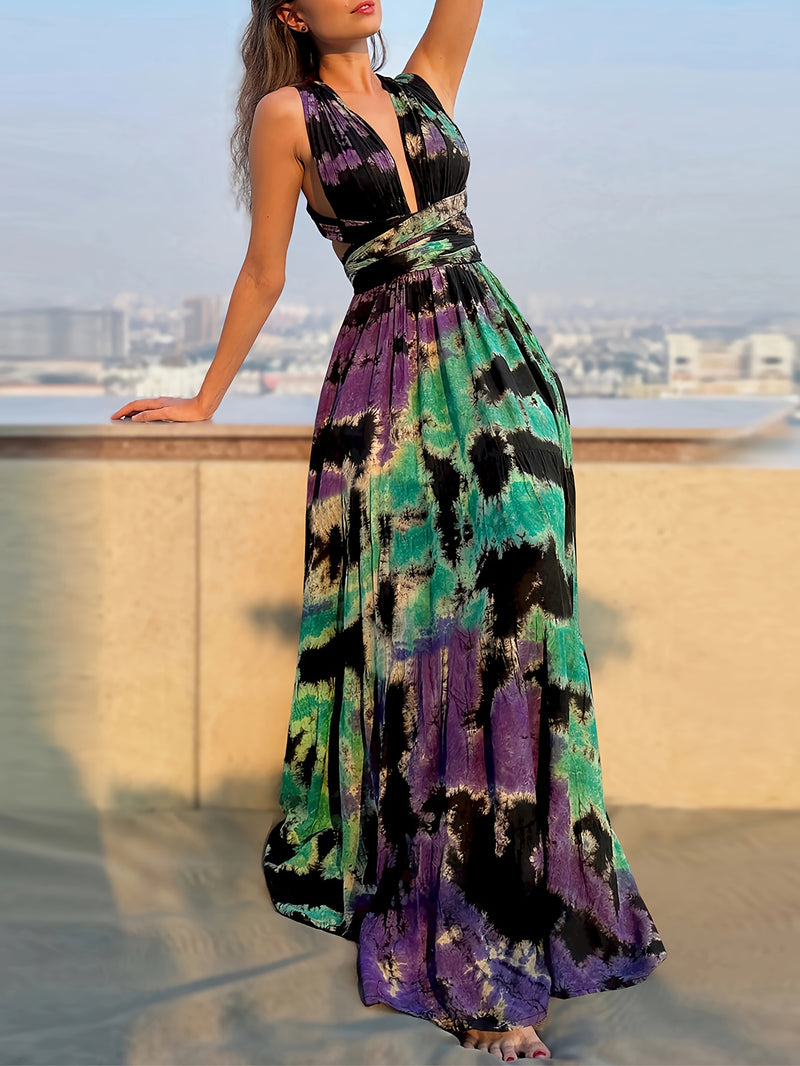 the TIE-DYE TIE-UP BOHO - Tie Dye Print Crisscross Lace Up Maxi Dress, Elegant Sleeveless Tank Dress for Spring & Summer, Women's Clothing