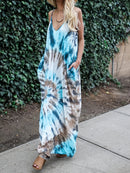 the BAGGY BOHO - Stylish Tie-Dye Knitted Dress with a Relaxed Vacation Vibe, Featuring Thin Straps, V-Neck, Pockets and Loose Long Design for Women's Casual Wear