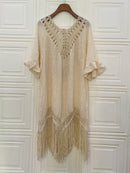 the TASSEL BOHO - Women's Bohemian V-Neck Tassel Dress - Loose-Fitting, Beige Maxi Dress with Fringe Detail, Perfect for Beach and Casual Attire, Beach Coverup | Bohemian Style |Tassel Detail Beach Dress