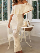 the CROTCHED BOHO - Women's Bohemian Off-Shoulder Strapless Knit Dress - Lightweight 100% Polyester Long Flowy Maxi with Adjustable Waist Tie & Geometric Lace Cut-Outs, Semi-Sheer Boho Chic Resort Dress for Spring/Summer Vacation, Vacation Attire