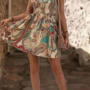 the DESERT BOHO - Women's Paisley Print Halter Dress with Adjustable Drawstring Neckline, Off-Shoulder Design, Vibrant Teal Blue & Beige Floral Print Pattern, Lightweight Polyester Fabric, Perfect for Spring/Summer Vacations, Cute Dresses
