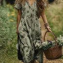 the OLIVE BRANCH BOHO - Boho Chic Floral Print Maxi Dress for Women - Elegant V-Neck, Short Sleeve, Cinched Waist A-Line Dress with Ruffled Hem, Lightweight Polyester Blend, Perfect for Spring & Summer Outings, Vacations, and Casual Wear, Vacation Boho