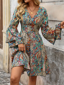 the PRETTY PAISLEY BOHO - Lightweight Design Elegant Paisley Print A-Line Dress for Women - Deep V-Neck, Layered Bell Sleeves, Cinched Waist, Polyester Blend, Machine Washable