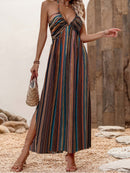 the BEACH BOHEMIAN - Women's Bohemian Style Long Beach Dress - Off-Shoulder, Striped Maxi Skirt with Knot Detail, Sleeveless A-Line Silhouette for Spring/Summer/Fall, Casual Vacation Attire | Vacation Ready | Bohemian Vibes