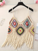 the KNITTED BOHO - Bohemian Women's Strapless Hollow Beach Cover-up with Hook and Loop Tassels, Women's Sun Protection Shirt