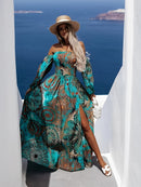 the TEAL PEACOCK - Elegant Off-Shoulder Long Sleeve Dress with Tribal Print - Shirred Waist, Loose Fit, Woven Polyester, Vacation Style for Women - All Seasons
