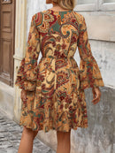 the PRETTY PAISLEY BOHO - Lightweight Design Elegant Paisley Print A-Line Dress for Women - Deep V-Neck, Layered Bell Sleeves, Cinched Waist, Polyester Blend, Machine Washable