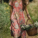 the FADED BOHO - Women's Bohemian Floral Print V-Neck Maxi Dress - Short Sleeve, Casual & Elegant for Vacation or Outing, Pink with Yellow & Blue Accents, Polyester Blend, Lightweight & Flowy Design