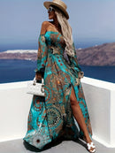 the TEAL PEACOCK - Elegant Off-Shoulder Long Sleeve Dress with Tribal Print - Shirred Waist, Loose Fit, Woven Polyester, Vacation Style for Women - All Seasons