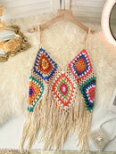 the KNITTED BOHO - Bohemian Women's Strapless Hollow Beach Cover-up with Hook and Loop Tassels, Women's Sun Protection Shirt