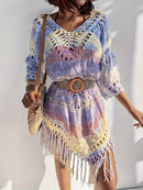 the BEACH BOHO - Women's Bohemian Crochet Fringe Hem Cowl Neck Dress - Lightweight Tie-Dye Pattern, Long Sleeve Casual Summer Dress for Beach Outings & Festivals, Festival Attire | Intricate Craftsmanship