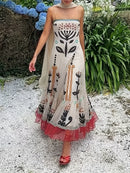 the TRIBAL TRIBUTE - Tribal Print Spaghetti Strap Dress, Boho Sleeveless Ruffle Hem A-Line Cami Dress For Spring & Summer, Women's Clothing