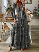 the PAISLEY PRINCESS - Boho Chic Floral Print V-Neck Maxi Dress with Bell Sleeves - High Waist, Long Length, Ruffled Hem, Lightweight Polyester Blend for Women - Perfect for Spring/Summer Casual Wear, Cute Dress