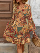 the PRETTY PAISLEY BOHO - Lightweight Design Elegant Paisley Print A-Line Dress for Women - Deep V-Neck, Layered Bell Sleeves, Cinched Waist, Polyester Blend, Machine Washable