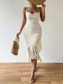 the FRINGE BOHO - Women's Fringe Hem Spaghetti Strap Dress Maxi Vacation Beach Outfit