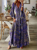 the PAISLEY PRINCESS - Boho Chic Floral Print V-Neck Maxi Dress with Bell Sleeves - High Waist, Long Length, Ruffled Hem, Lightweight Polyester Blend for Women - Perfect for Spring/Summer Casual Wear, Cute Dress