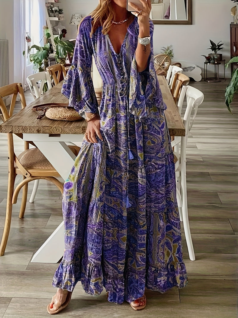 paisley printed boho ruffle maxi dress product info and reviews AiiRZ Boho Paisley Print V-Neck Ruffle Detail Long Bell Sleeve Maxi Dress AiiRZ