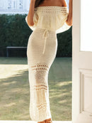 the CROTCHED BOHO - Women's Bohemian Off-Shoulder Strapless Knit Dress - Lightweight 100% Polyester Long Flowy Maxi with Adjustable Waist Tie & Geometric Lace Cut-Outs, Semi-Sheer Boho Chic Resort Dress for Spring/Summer Vacation, Vacation Attire