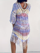 the BEACH BOHO - Women's Bohemian Crochet Fringe Hem Cowl Neck Dress - Lightweight Tie-Dye Pattern, Long Sleeve Casual Summer Dress for Beach Outings & Festivals, Festival Attire | Intricate Craftsmanship