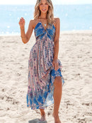 the BLUE HAWAII - Boho Chic Sleeveless Halter Maxi Dress - Floral Paisley Print, Vibrant Blue & Floral Design, A-Line Silhouette, Perfect for Spring/Summer/Fall Beach Outings