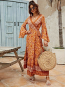 the ORANGE OASIS - Bohemian Floral Print Maxi Dress with Flutter Sleeves and Lace-Up Waist - Long V-Neck Wrap Dress for Women, Perfect for Vacation and Casual Wear, Bohemian Style