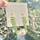 the FERNGULLY - Handcrafted Real Dried Leaf Resin Earrings - Bohemian Style Green Fern Leaf Design with Golden Hook, Unique Handmade Jewelry for Women, Perfect for Casual Attire or Parties, All-Season Accessory