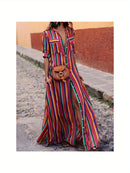 the CARNIVALE BOHO - Women's Striped Shirt-Style Collar Half Sleeve Comfortable Bohemian Maxi Dress